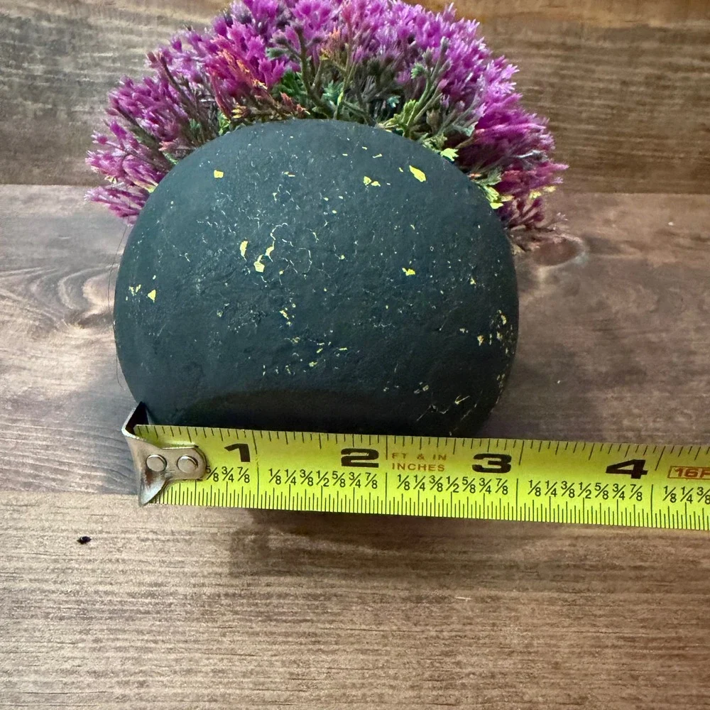 Faux Purple Plant in Textured Black Distressed Round Pot Decorative Accent